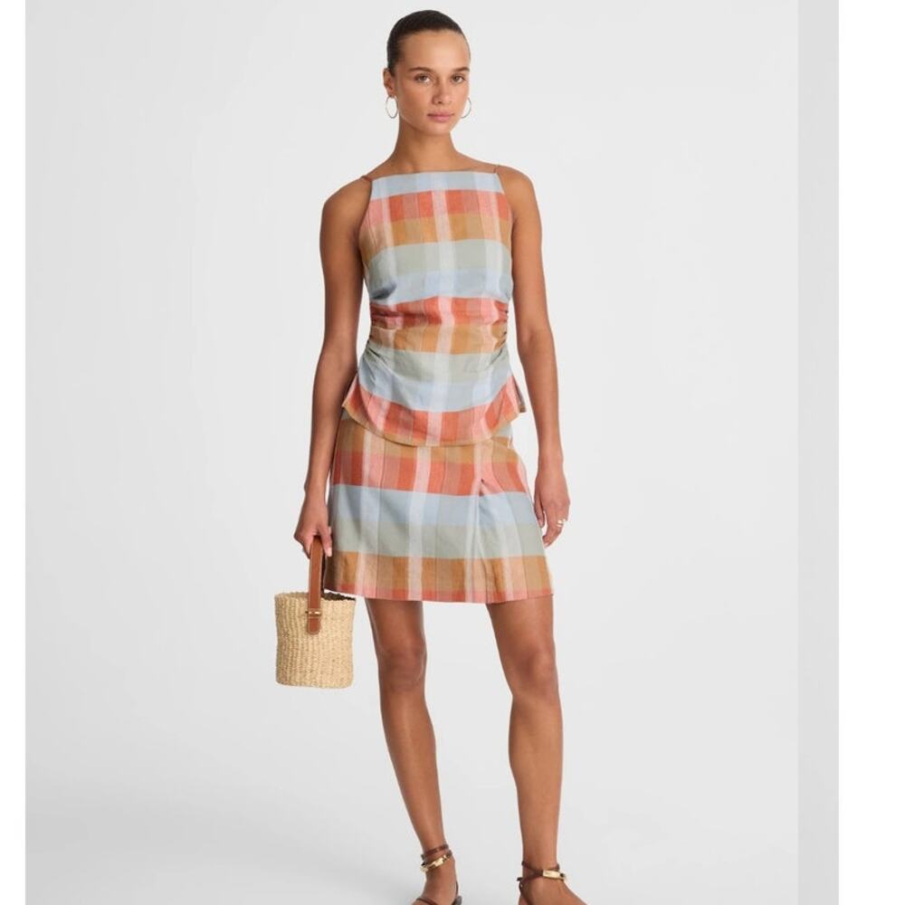 NWT Madewell Ruched Squareneck Tank in Linen-Cotton Blue/Orange 6 - Picture 2 of 13